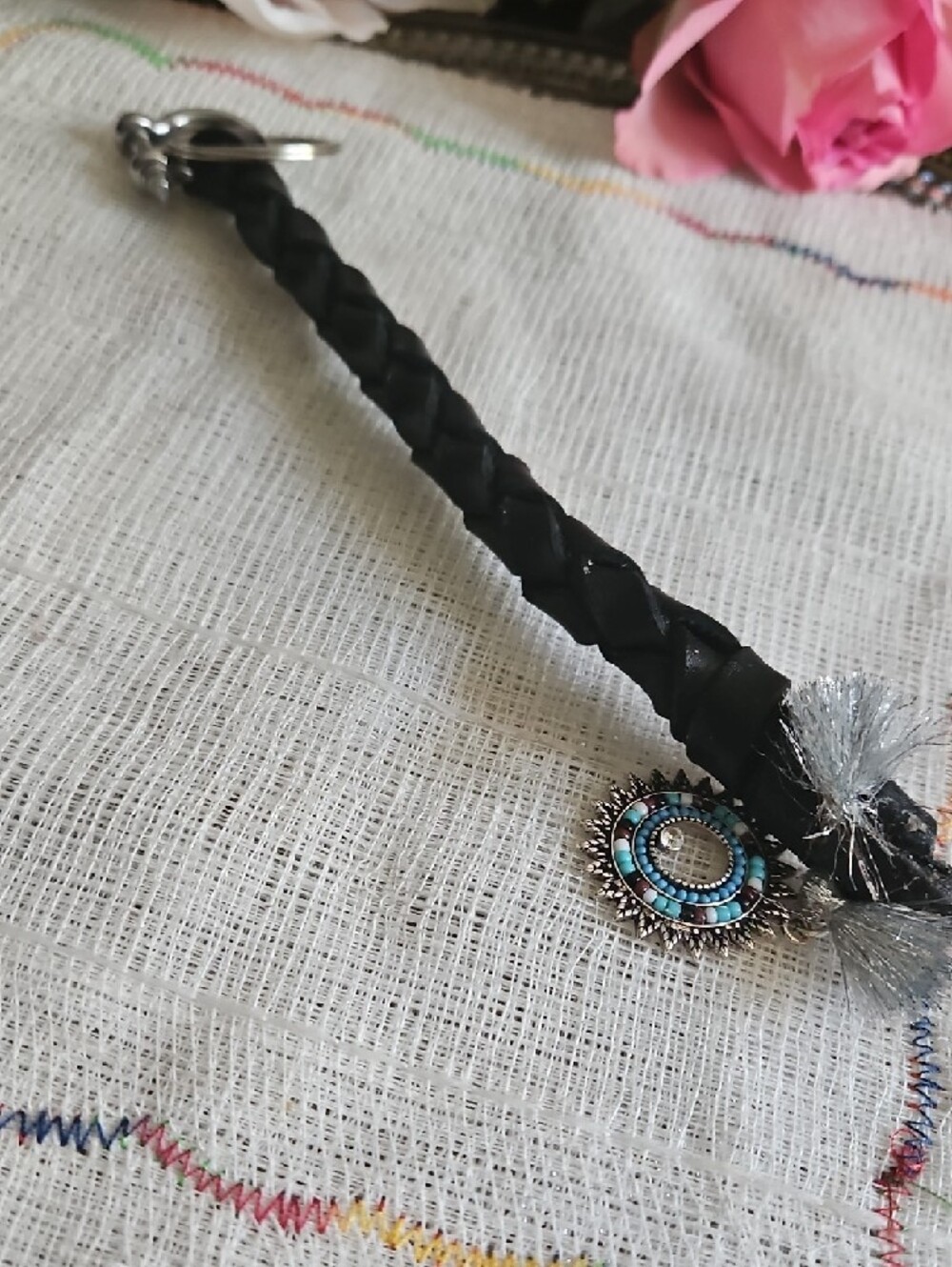 Hand Crafted Braided Genuine Black Leather KeychainTurquoise Sun Gifted - Picture 11 of 11